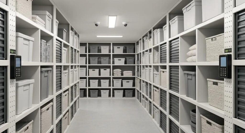 Climate-controlled storage facility with organized units and security features
