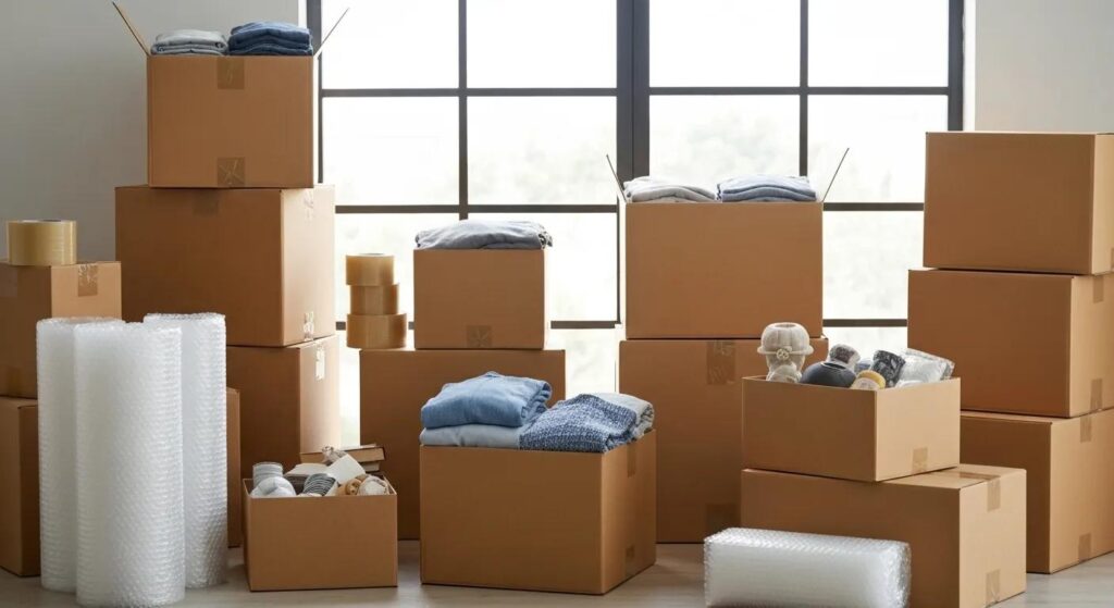 Organized packing area with boxes and packing materials, emphasizing professional packing services