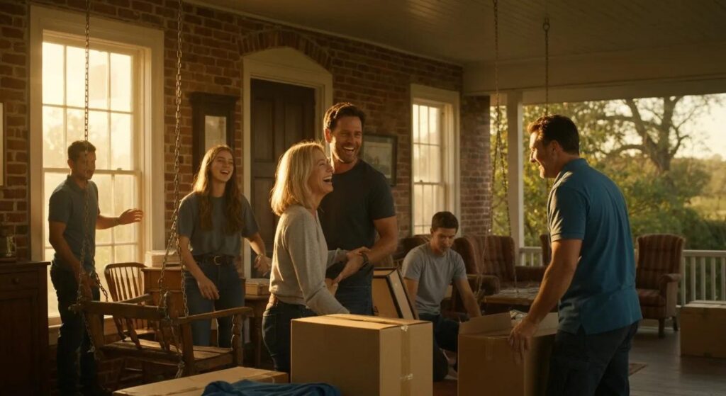 Family moving into a new home with professional movers and a moving truck