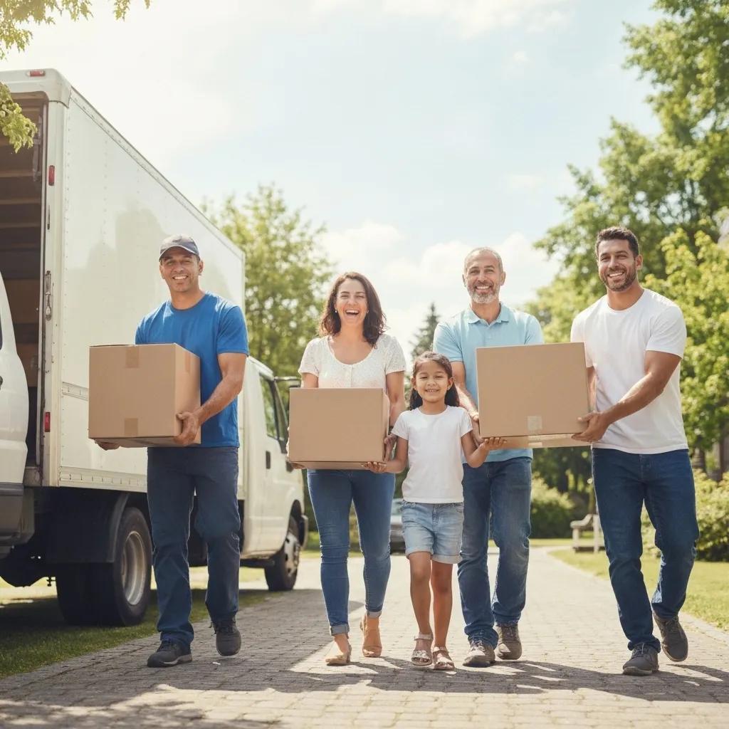 Happy family moving into a new home with professional movers, representing a stress-free relocation experience