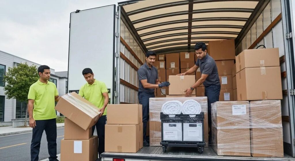 Professional movers carefully packing items into a moving truck, illustrating the organized process of a stress-free relocation