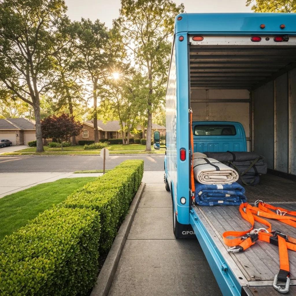 A clean, well-maintained moving truck ready to provide reliable service in a suburban neighborhood