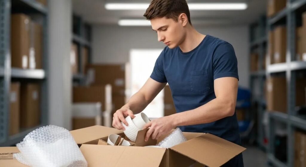 Professional mover carefully packing fragile items into a box using protective materials
