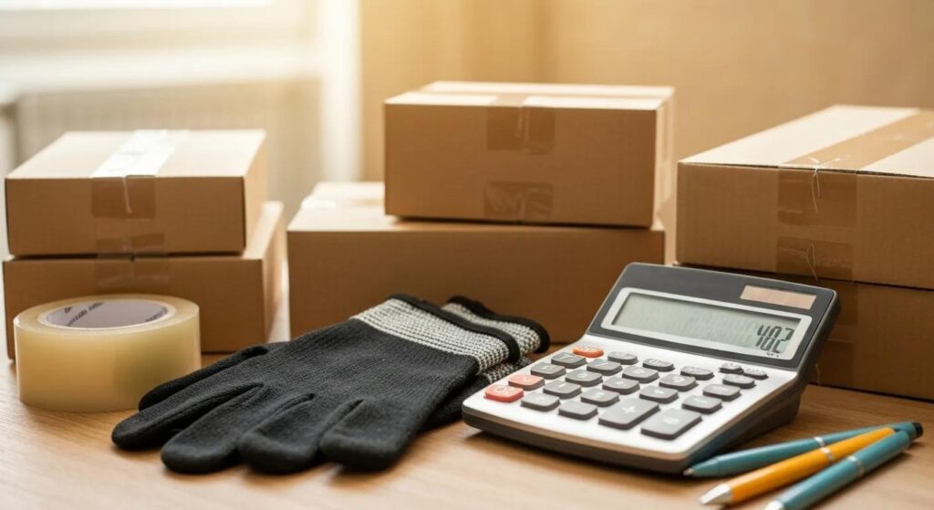 Calculator and moving supplies on a table, symbolizing budgeting for moving costs