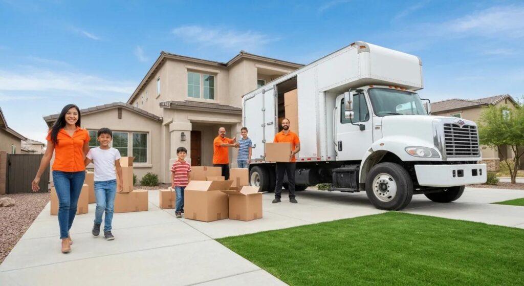 Family happily moving into a new home in Tempe, Arizona, with movers unloading a truck