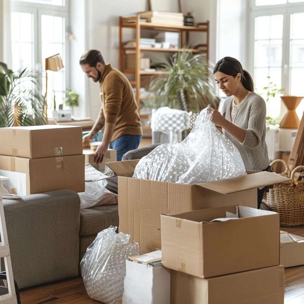 True Move Movers team wrapping and boxing household items in a living room