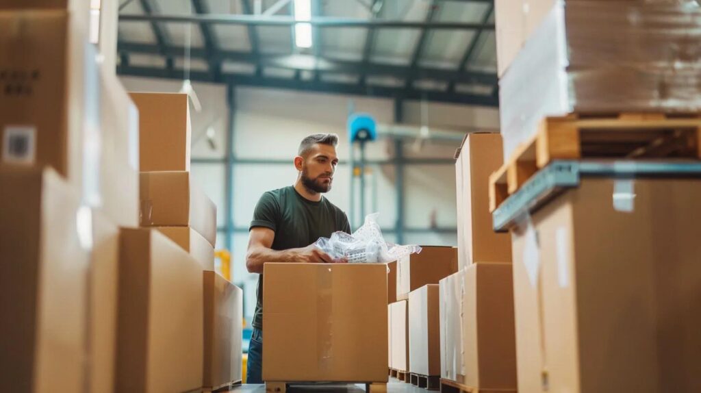 Packing station with materials and a mover packing fragile items