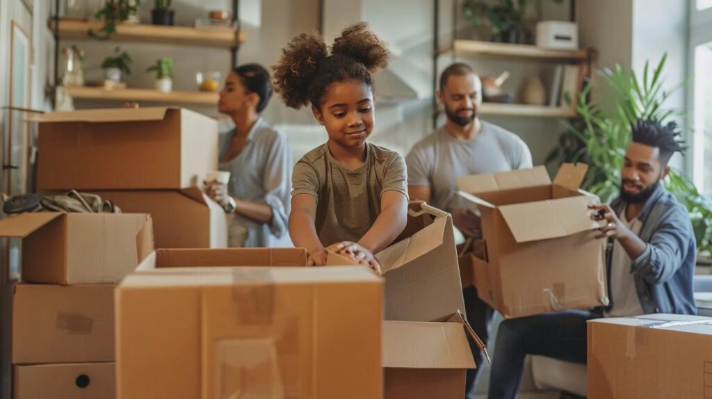 Family unpacking boxes in a kitchen after a move