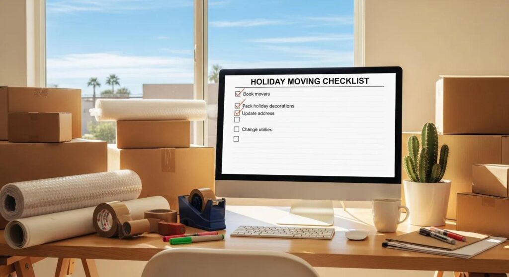Desktop workspace with a holiday moving checklist on a computer screen, surrounded by packing supplies, cardboard boxes, and a cactus, emphasizing organization for relocating during the holiday season in Phoenix.