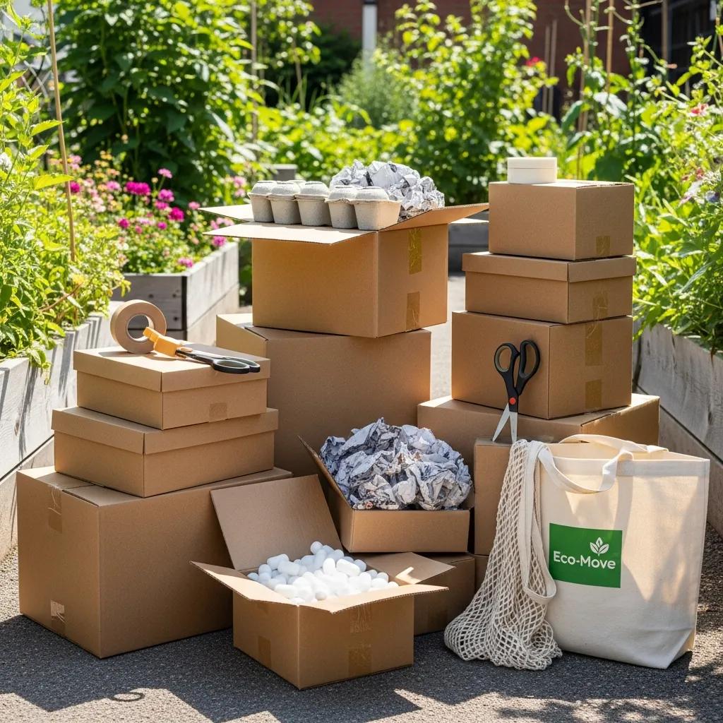 Eco-friendly moving supplies including cardboard boxes, packing materials, scissors, and a reusable tote bag labeled "Eco-Move," set in a garden environment, highlighting sustainable practices in the moving industry in Phoenix.