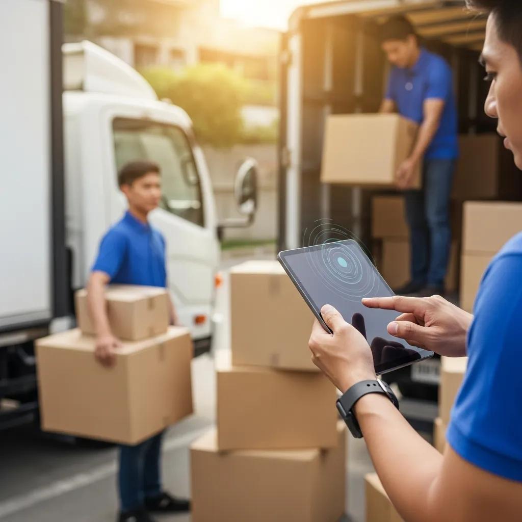 Moving team using technology for logistics optimization, worker holding tablet, boxes stacked, delivery truck in background, Phoenix moving industry trends.
