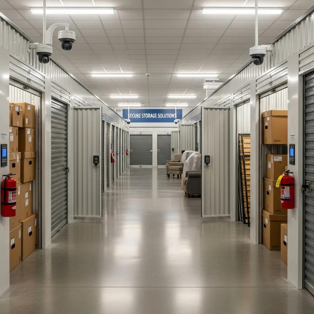 Secure storage facility interior with climate-controlled units, organized boxes, and safety features, emphasizing holiday moving solutions in Phoenix.