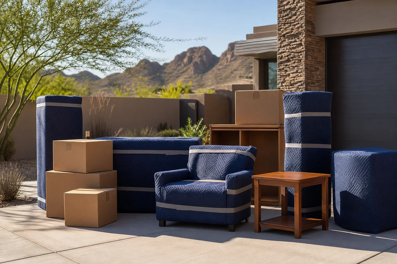Furniture and boxes wrapped in protective moving blankets staged in a shaded driveway outside a Phoenix home during a summer move