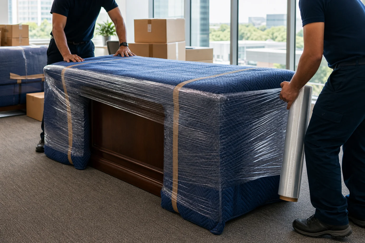 Professional movers carefully wrapping office furniture with moving blankets during a commercial relocation in Phoenix AZ