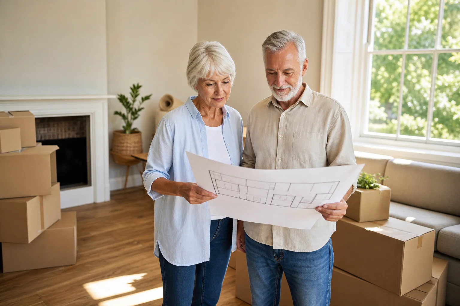 Senior couple reviewing a floor plan together in a sunlit Phoenix living room surrounded by neatly organized moving boxes