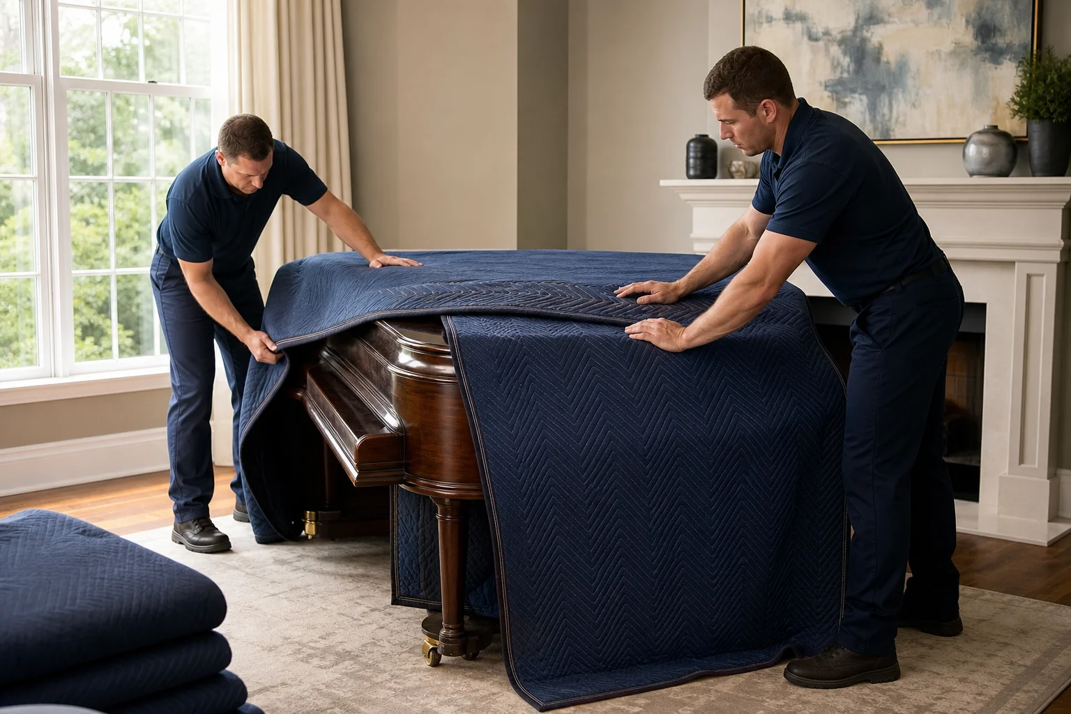 Two professional movers carefully wrapping a grand piano in thick padded moving blankets inside a sunny living room before transport