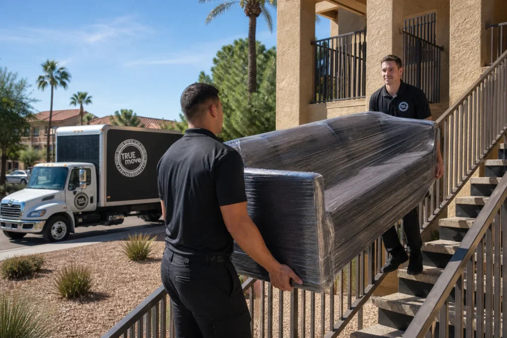 Professional movers carrying a wrapped sofa into a Phoenix apartment building during an apartment moving in Phoenix job