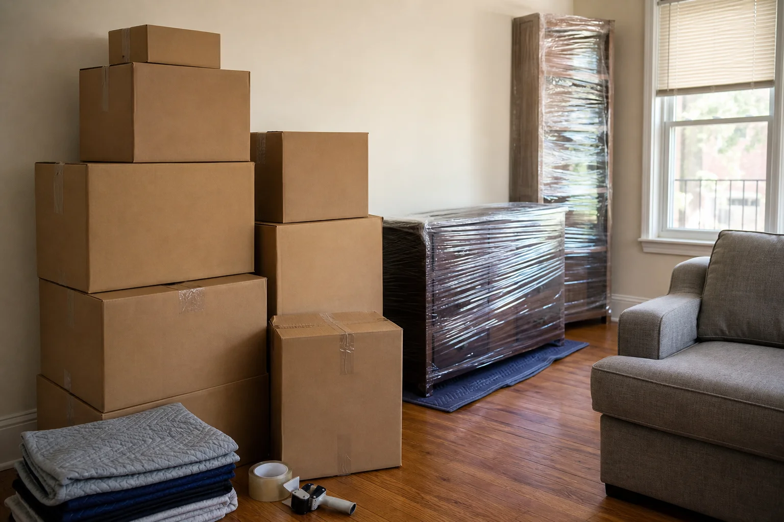 Labeled moving boxes and wrapped furniture packed for an apartment move in Phoenix