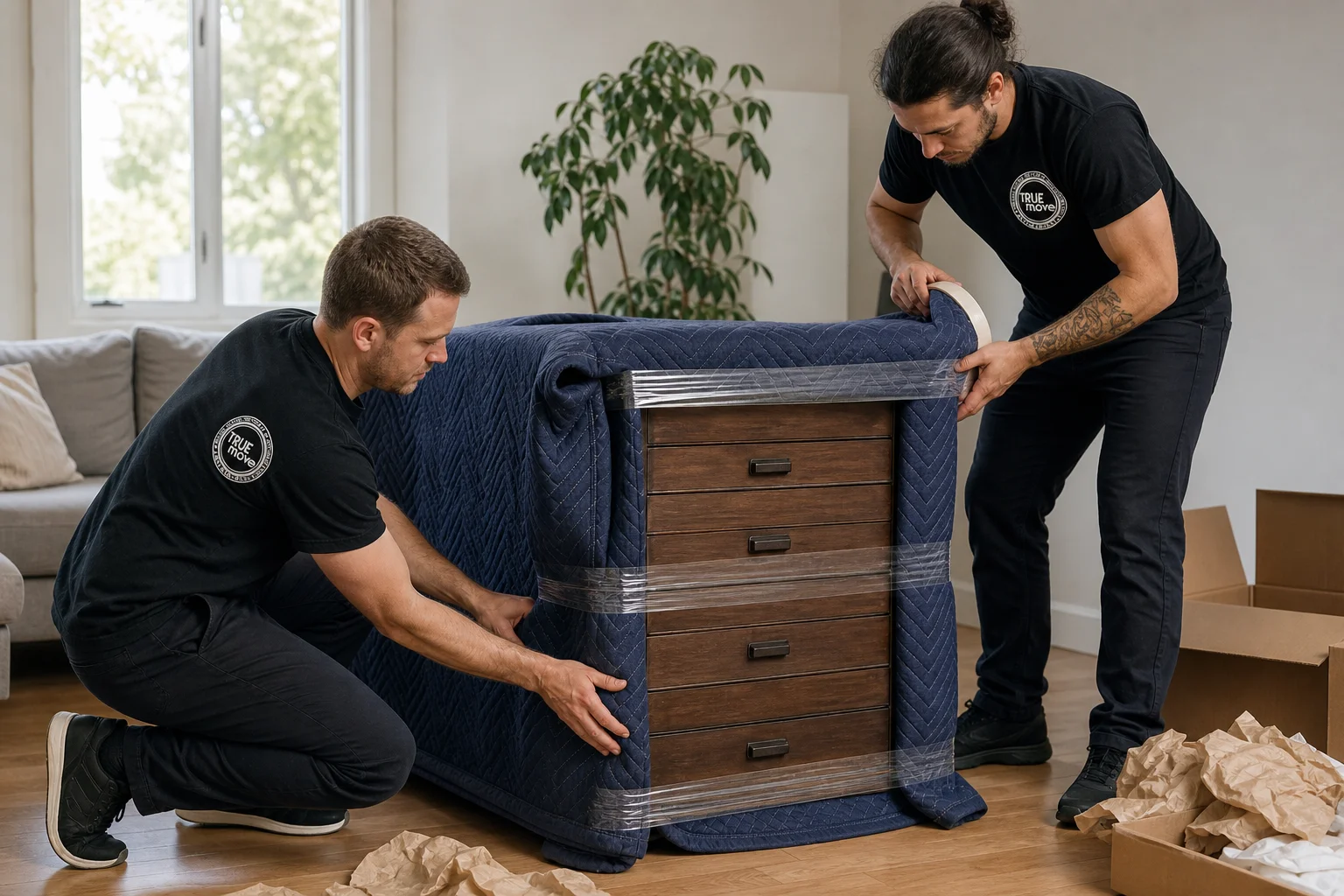 Movers in black GoTrueMove uniforms carefully packing boxes and wrapping furniture inside a Phoenix home before loading day