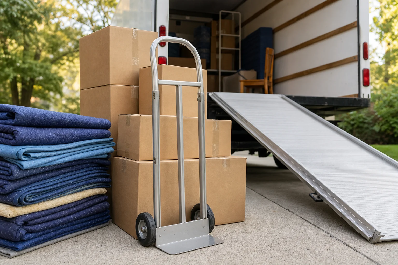 Movers carefully loading wrapped furniture into a GoTrueMove branded moving truck