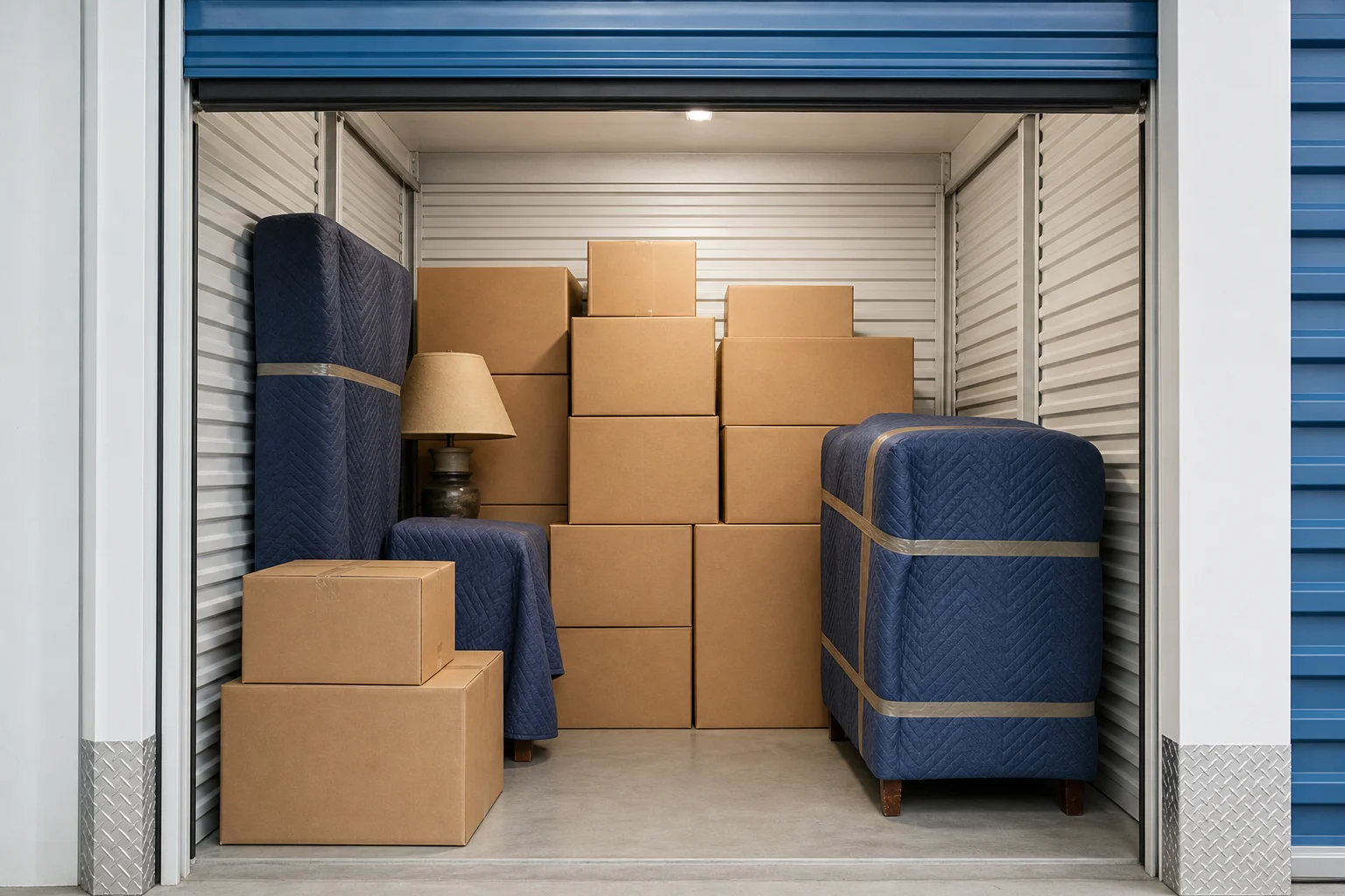 Moving crew loading labeled boxes into a secure storage unit in Phoenix