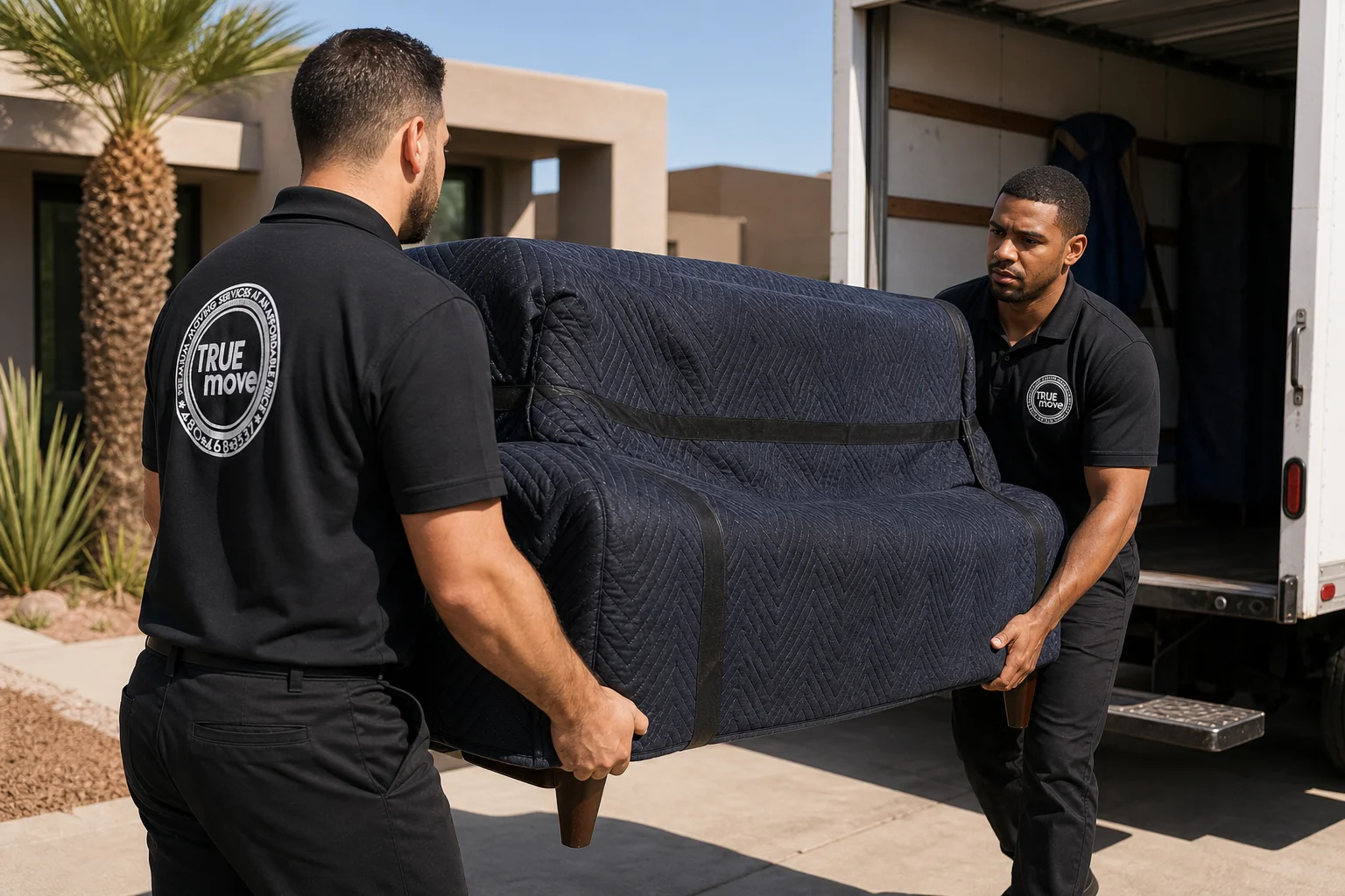 Two movers in black GoTrueMove uniforms carrying a wrapped sofa into a truck