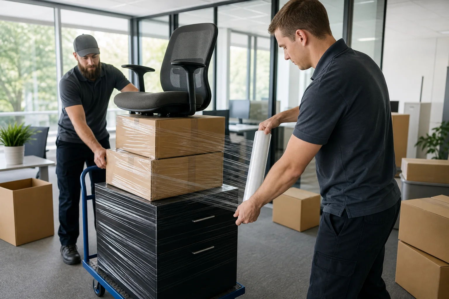 Movers wrapping and stacking office furniture and boxes during a commercial relocation
