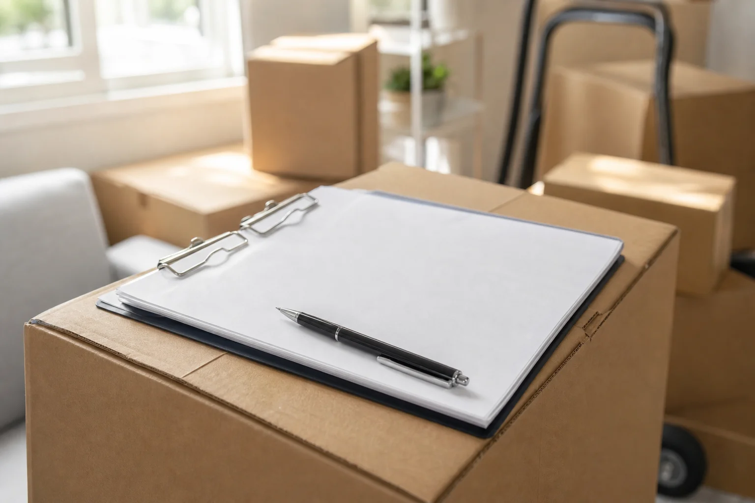 Close-up of a moving company insurance certificate and checklist on a clipboard