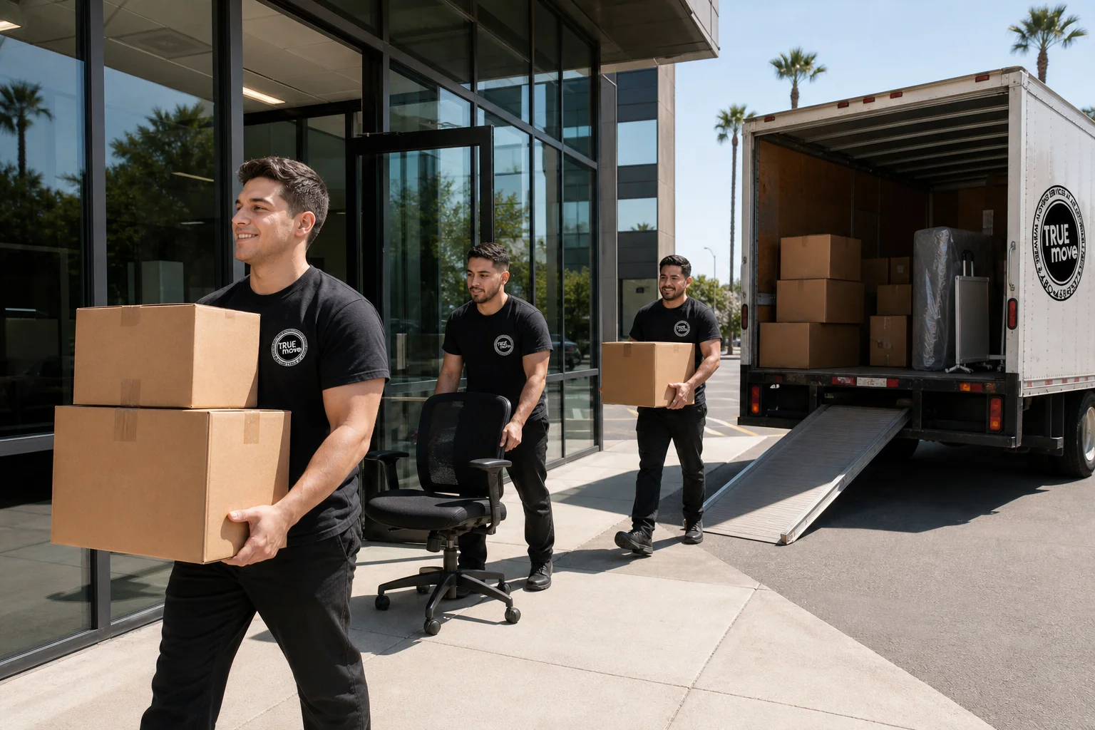 Movers carrying labeled boxes and office furniture out of a Phoenix office building into a branded moving truck