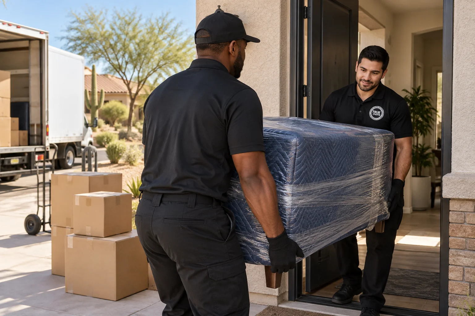 GoTrueMove crew in black uniform shirts carrying furniture into a Phoenix home during mild fall weather