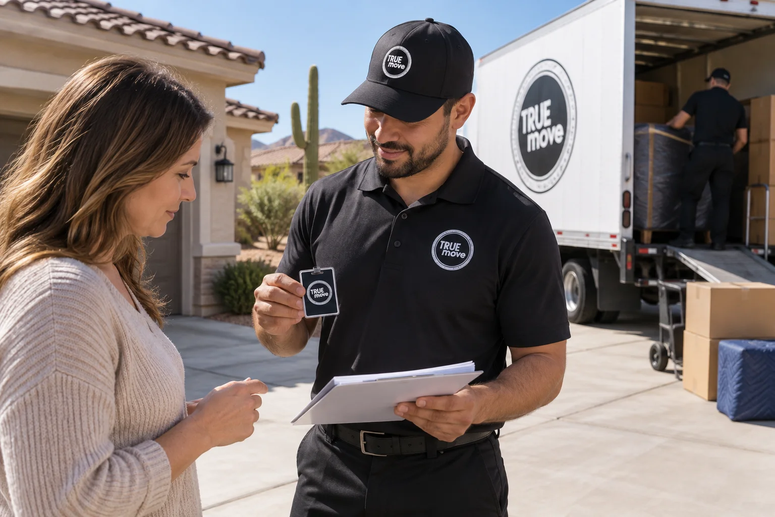 Phoenix homeowner reviewing a licensed mover's ID and paperwork beside a branded moving truck