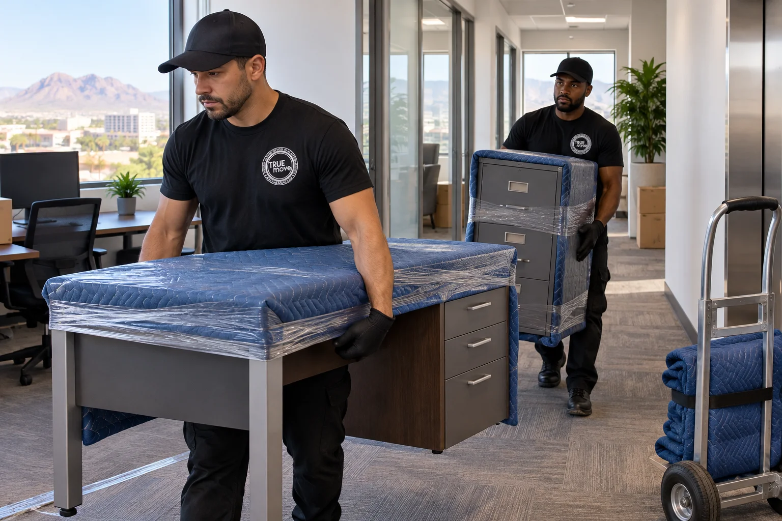 Movers in black GoTrueMove uniforms wrapping and packing office furniture for a Phoenix office move